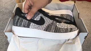 NIKE AIR FORCE 1 FLYKNIT 20 BLACK  PURE PLATINUM BLACK Unboxing and on feet [upl. by Hendry]