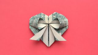 My MONEY HEART WITH BOW  Dollar Origami for Valentines Day  Tutorial DIY by NProkuda [upl. by Noffihc]