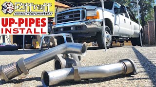 2001 F350 73  RiffRaff UpPipes Install  Stock up pipes leaking and falling apart JUNK SP [upl. by Neram]