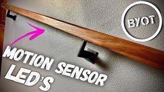 How To Install Stair Handrail On Stairs  DIY WALNUT RAIL WITH MOTION SENSOR LIGHT [upl. by Reyna]