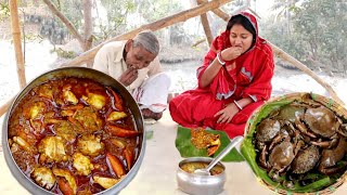 village food sundarban river KING CRAB cooking and eating by popi and our grandfathercrab recipe [upl. by Elirpa193]