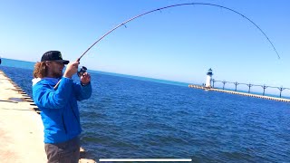 Pier Fishing Lake Michigan SALMON  Unexpected MASSIVE CATCH [upl. by Juley]