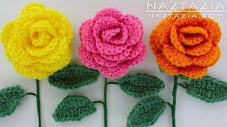 HOW to CROCHET a BEGINNER EASY FLOWER  DIY Rose Rosas Bouquet Flowers Leaf Leaves Stem Tutorial [upl. by Annoirb]