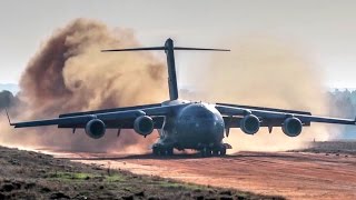 C17 Dirt Airstrip Landing amp Takeoff Unloads AH64 [upl. by Nylauqcaj]