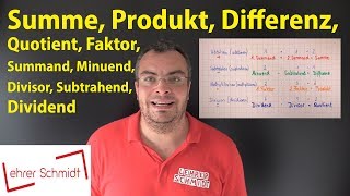 Summand Summe Minuend Subtrahend Differenz Faktor Produkt Dividend Divisor Quotient [upl. by Kris373]